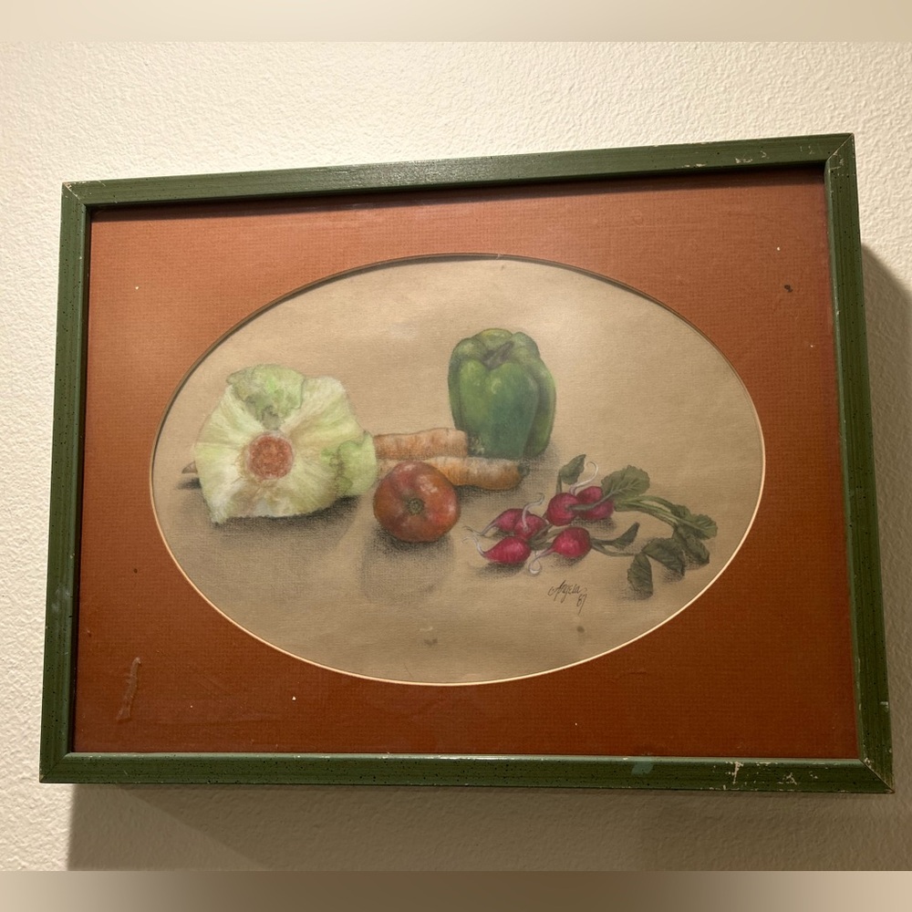 Pastel original of vegetable still life. Artist is Angela Salling/Byers